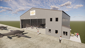 rendering of airplane hangar with two small airplanes